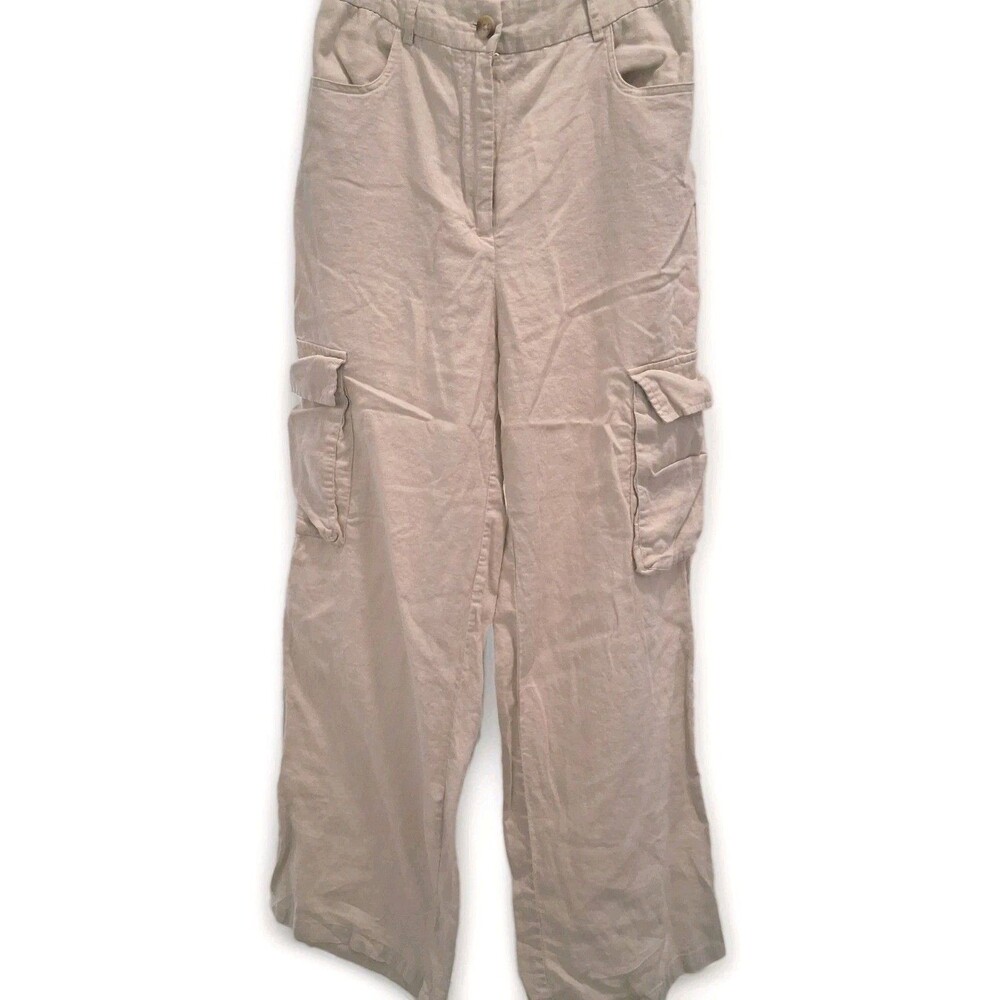 Sincerely Jules Cargo Pants Beige Linen Wide Leg Utility Pockets Women's Medium